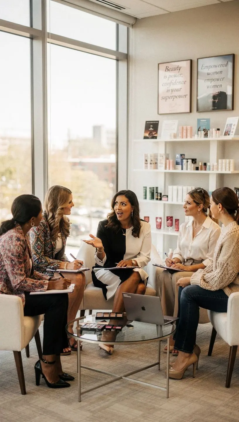 Prezentacja na ekranie dotycząca efektywnych metod szkolenia oraz rozwoju firmy beauty.
