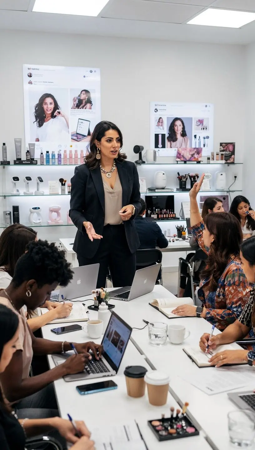 Interaktywny wykład w centrum konsultingowym o realistycznych oczekiwaniach i praktycznych wskazówkach dla biznesów urody.