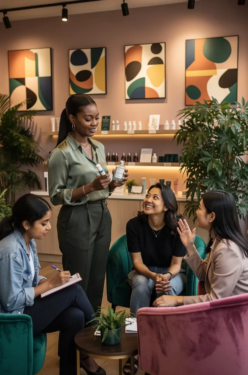 Zespół ekspertów omawiający strategie tworzenia marki kosmetycznej podczas warsztatów offline.