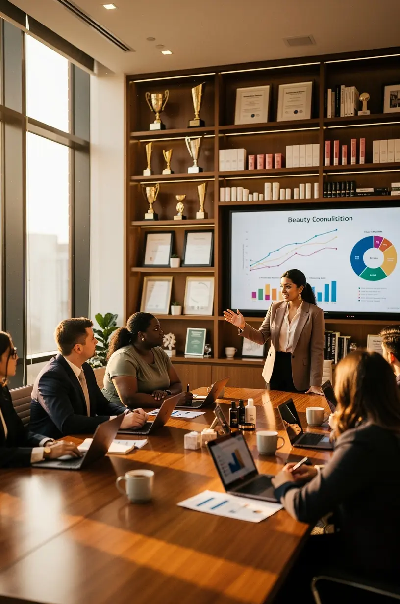 Kobieta analizująca systemy pozyskiwania klientów w branży beauty na spotkaniu konsultacyjnym.
